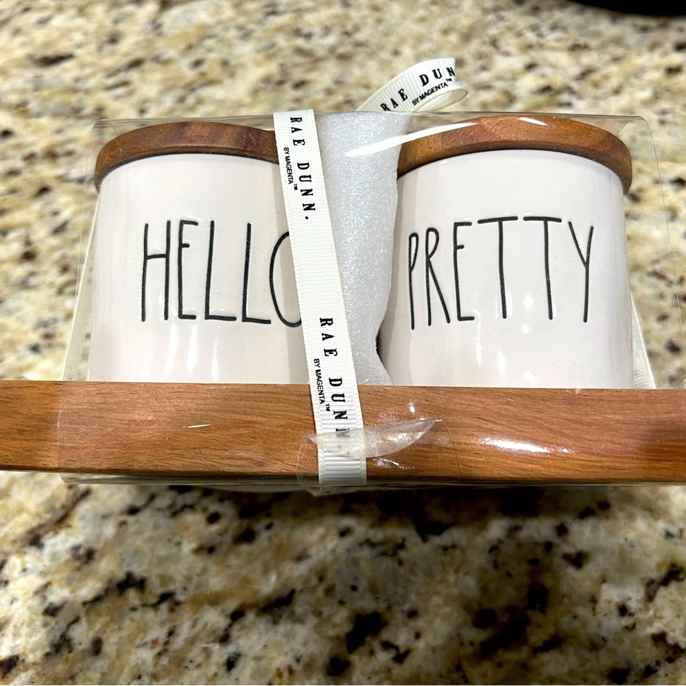 Rae Dunn HELLO PRETTY canisters. Small for bathroom use, with wooden tray. NWT